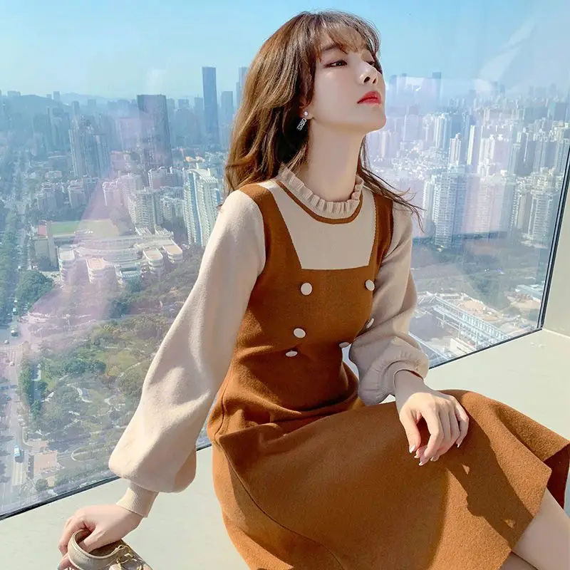 

Women Knitted Long Dress Autumn Female Elegant Pleated A-line Midi O-neck Casual Ladies Ribbed Maxi Robe G648