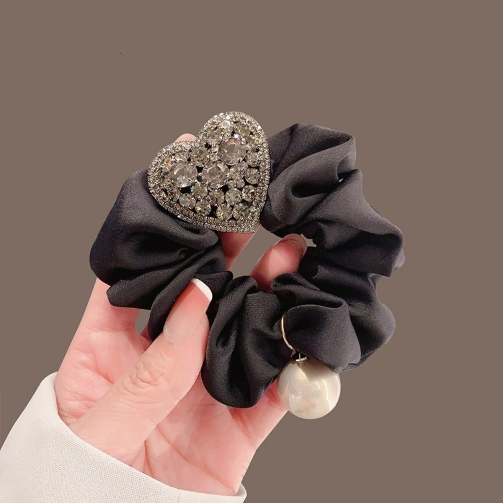 1PC Sparkly Heart Scrunchies, Black/Beige With Rhinestone & Pearl Decor, Elegant Retro-Style Hair Ties For Women