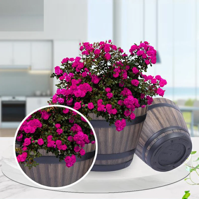 Multiple Size Imitation Wooden Barrel Flower Pot Walnut Color Thick and Durable Large Capacity Imitation Wooden Flower Pot
