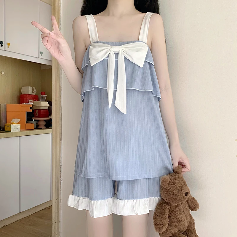 New summer suspenders shorts pajamas women's thin bows sweet and cute casual home clothes two-piece solid color suspenders