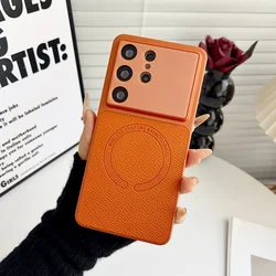 Premium Magnetic Leather Case with Large Camera Window - Shockproof Back Cover for Galaxy S26 Plus (Orange)
