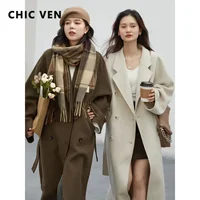 CHIC VEN Women Long Double-sided Woolen Coats Retro Loose Female Overcoat Double Breasted Ladies Windbreak Autumn Winter 2023 1