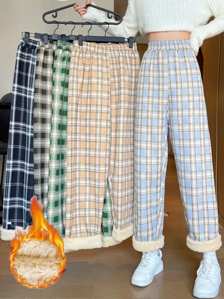 

Winter Plaid Lambwool Wide Leg Pants Womens Warm Casual Plus Velvet Pantalones High Waist Ankle Length Thicken Straight Trousers