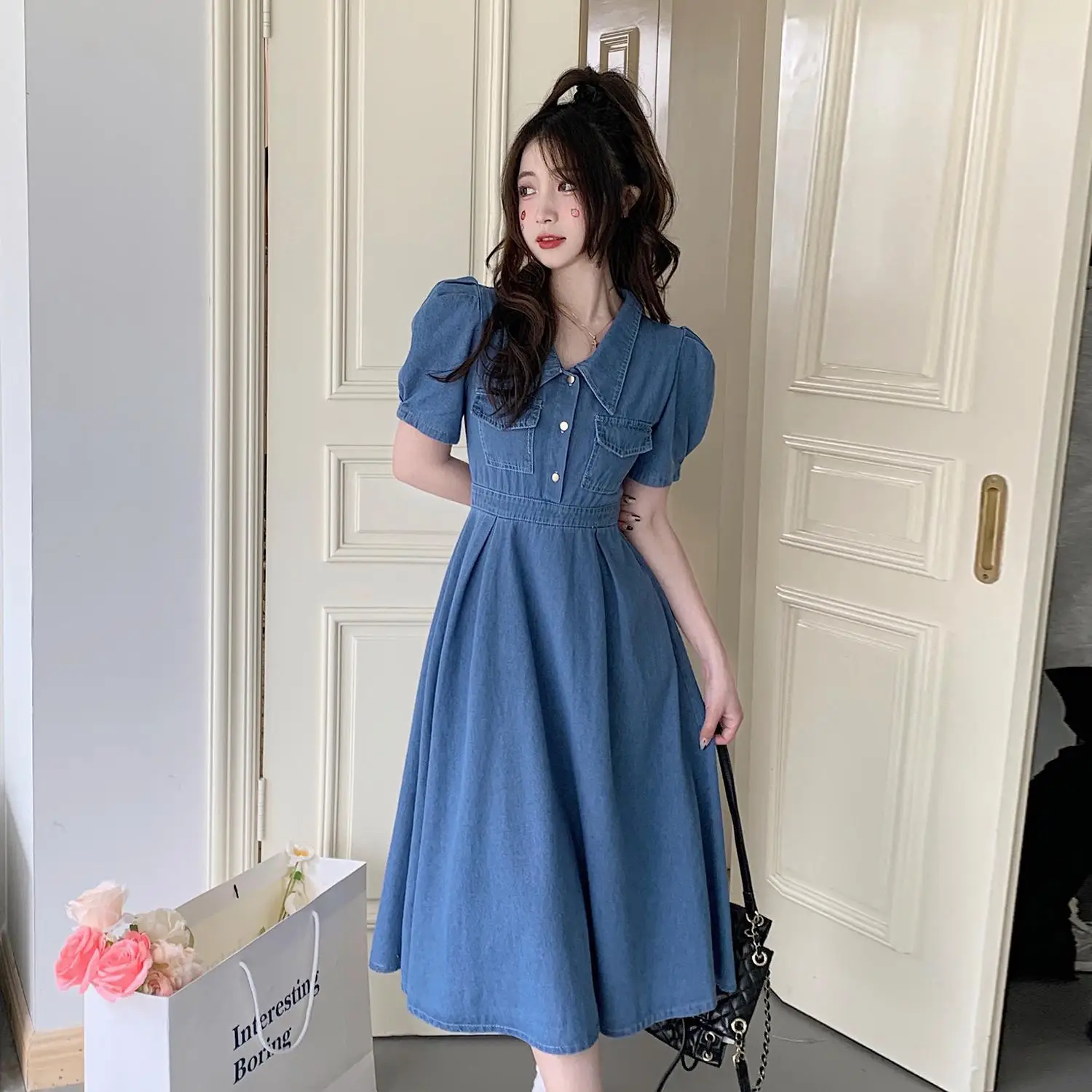 

Женское джинсовое платье с коротким рукавом, голубое винтажное длинное платье средней длины из денима, элегантная повседневная одежда для вечеринки, большие размеры, на лето, 2022