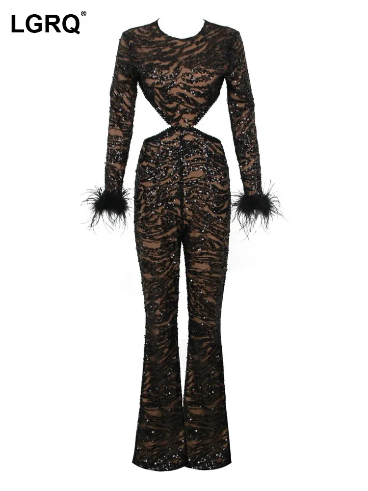 

LGRQ 2024 Fashion Personality Sexy Translucent Playsuits Women's High Quality Trendy Feather Splicing Sleeve Clothes 19Z2858