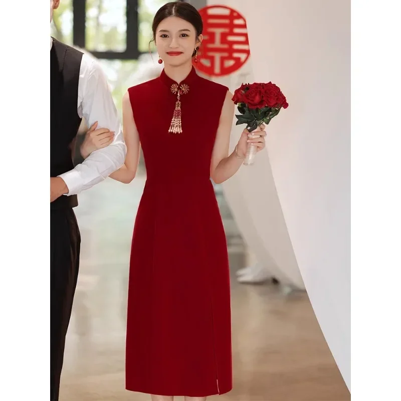 

Женское платье-Ципао без рукавов, элегантное красное банкетное вечернее платье в китайском стиле с воротником-стойкой и бахромой, лето