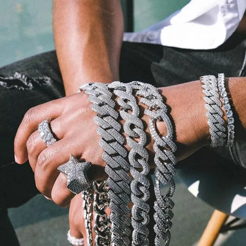 15mm Width Hip Hop Men Box Clasp Necklace Bling Iced Out Cubic Zirconia 8-Word Link Chain Jewelry Infinity Necklace