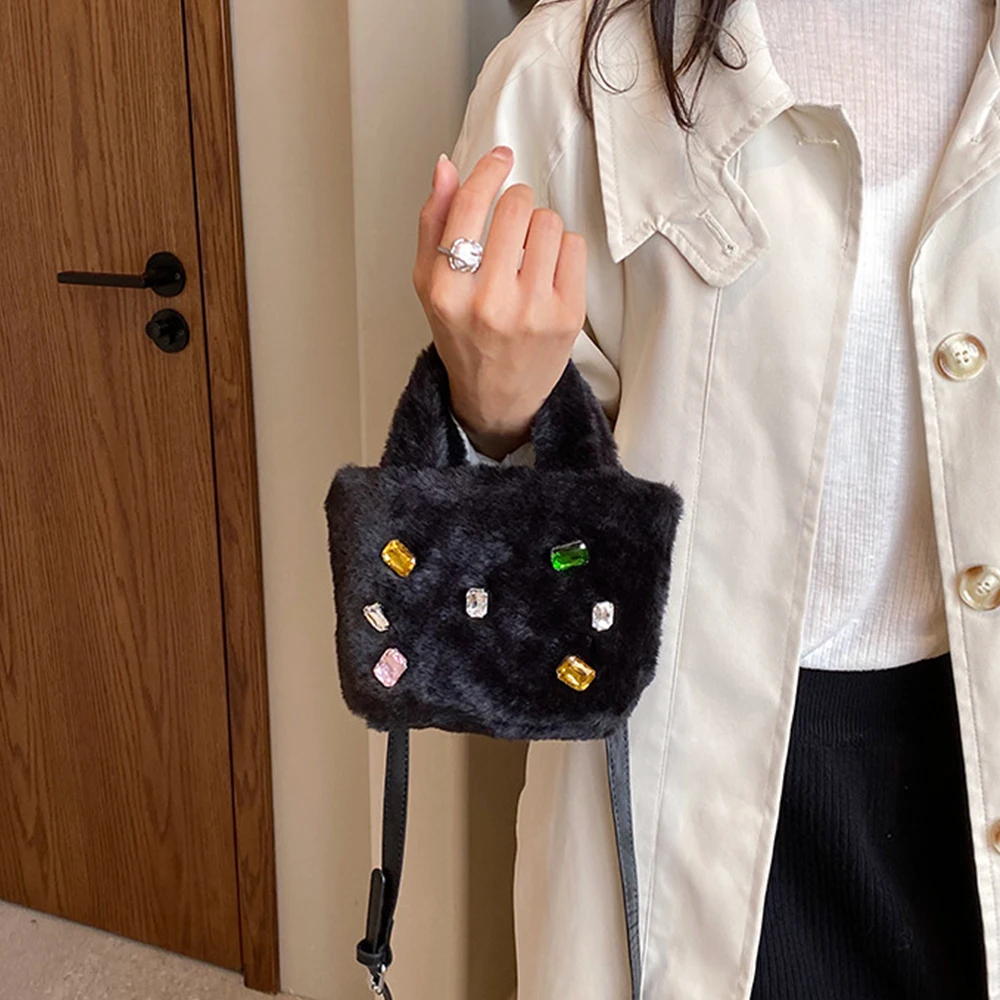 Candy Color Plush Tote Mini Diamonds Women's Handbags Rhinestone Faux Fur Bags for Women Winter Soft Shoulder Crossbody Bag Chic