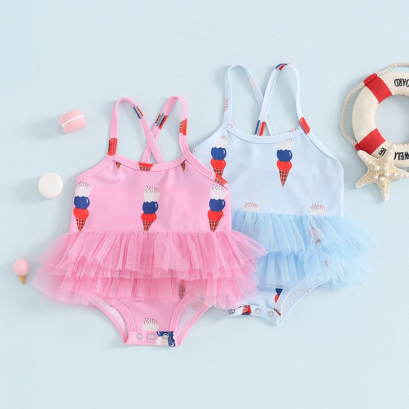 

SUNSIOM Toddler Baby Girls Swimsuit Ice Cream Print Ruffles Mesh Tulle Sleeveless Cross Backless Swimwear Summer Bathing Suit