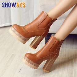 British Winter Women Platform Chelsea Boots High Chunky Heels Black Microfiber Round Toe Casual Lady Slip-on Oxford Ankle Boots