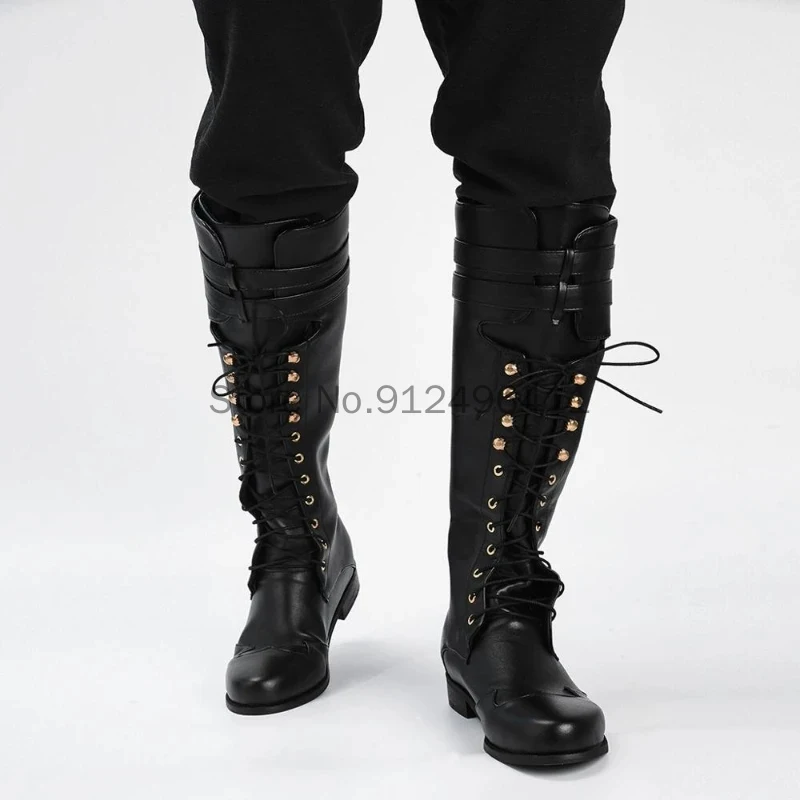 Medieval Steampunk Cosplay Long Black Boots Men Winter Larp Pirate