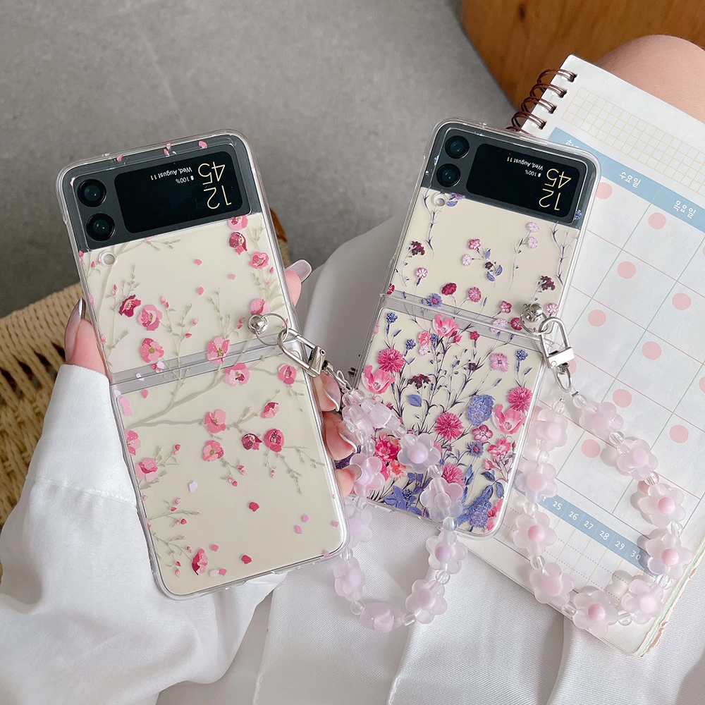 For Samsung Z Flip 4 Case Floral Transparent Folding Phone Case With