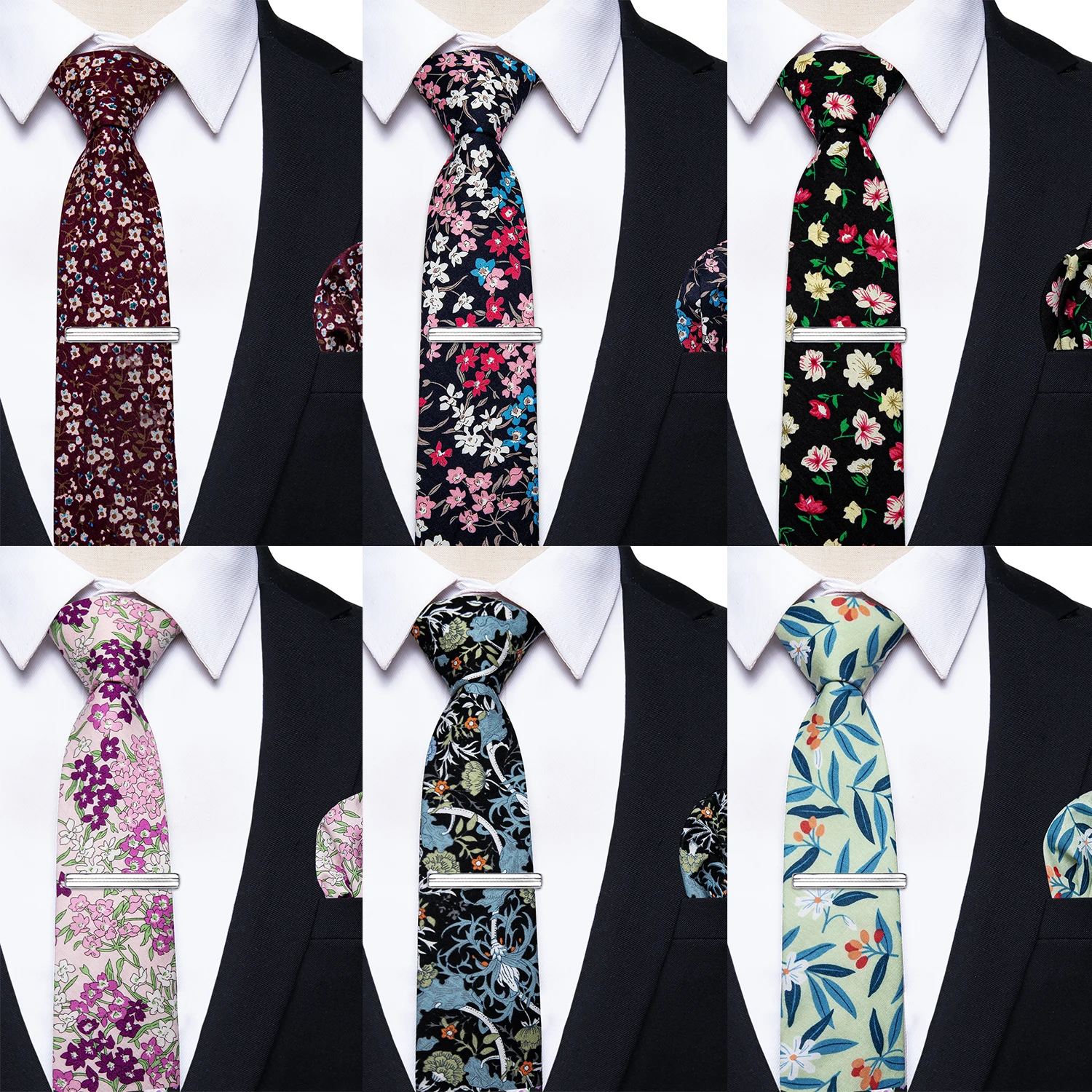6.5CM Casual Yourties Slim Floral Men Ties Cotton Neckties Pocket Square Clips Set for Man Party Wedding Accessories