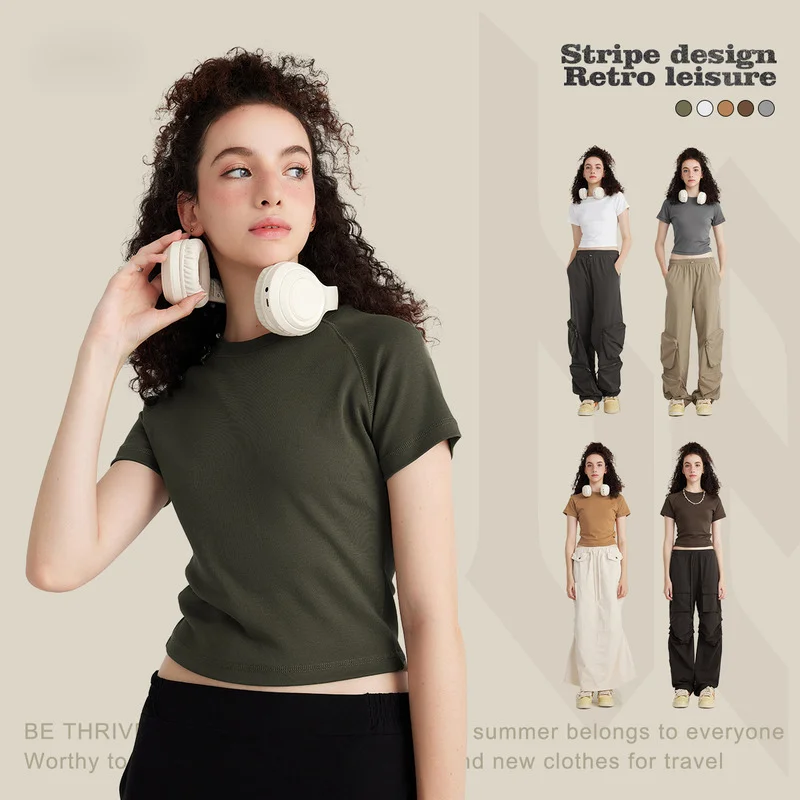 

2024 Spring/Summer Round Neck Single Shoulder Women's Spicy Girl Top Pullover Short Sleeve T-shirt Cotton Women's T-shirt
