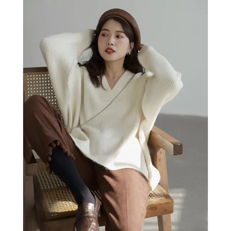 

Pullover Korean Loose Sweater Women Autumn and Winter Outwear Pullover Candy V-Neck Top Solid Long Sleeve Knit Sweater Pullover