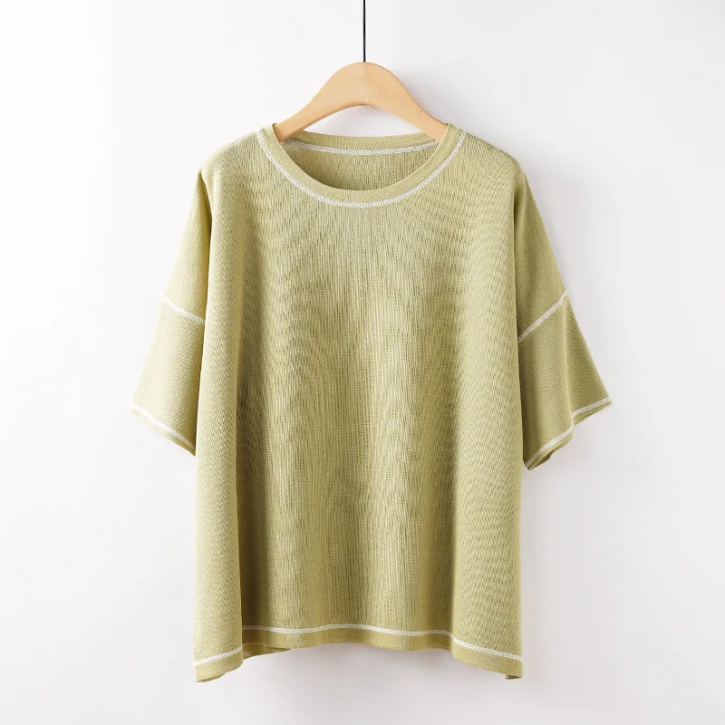 

Patchwork Knitted Yellow Women T-Shirts Summer New 2022 Design Loose Solid Sweet Style Female Pulls Tops Tees