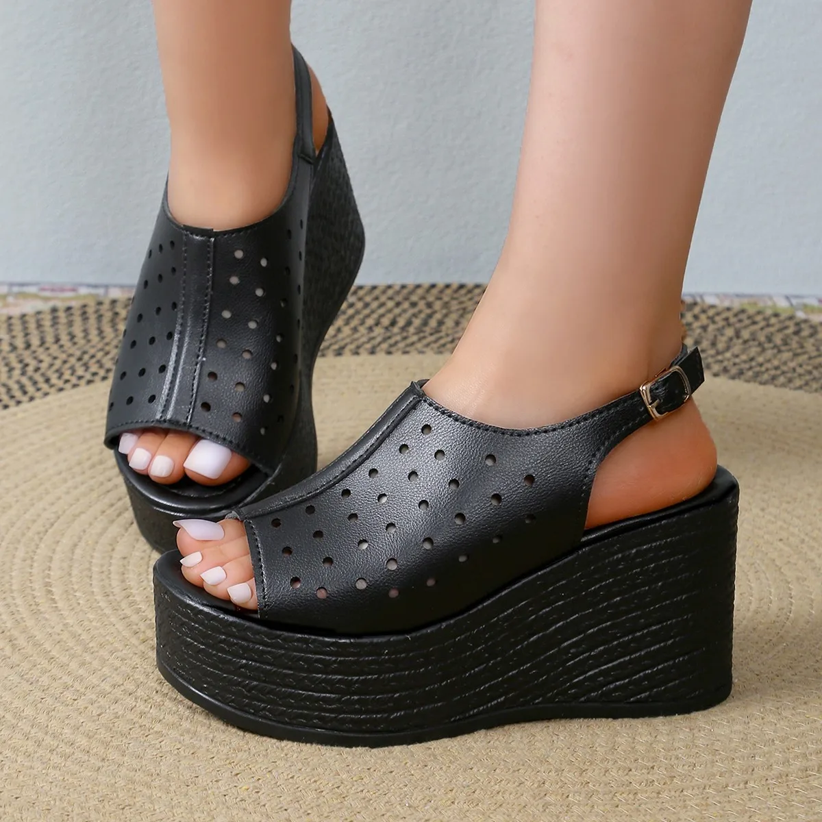 Aphixta Fashion Woman Black Sandals Side Buckle Peep Toe Women Summer Hollow Shoes Platform Sandal Lady Wedge Shoes Big Size 43