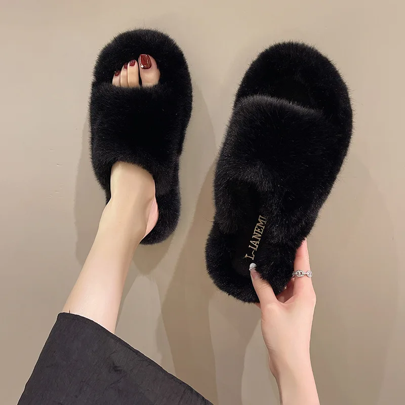 Indoor Women Fur Slippers Fluffy Soft Furry Slides Flats Non Slip House Shoes LadiesOpen Toe Footwear Ytmtloy Zapatillas Mujer