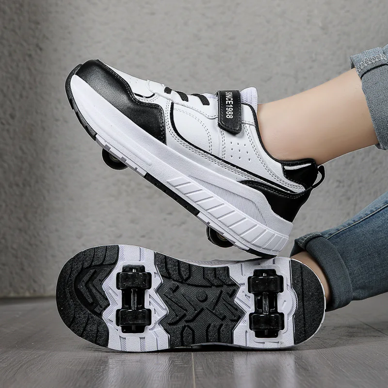 New Four Wheels Women & Girls PU Leather Children Roller Shoes Fashion Boys Sneakers Breathable Kids Skates Size 30-40