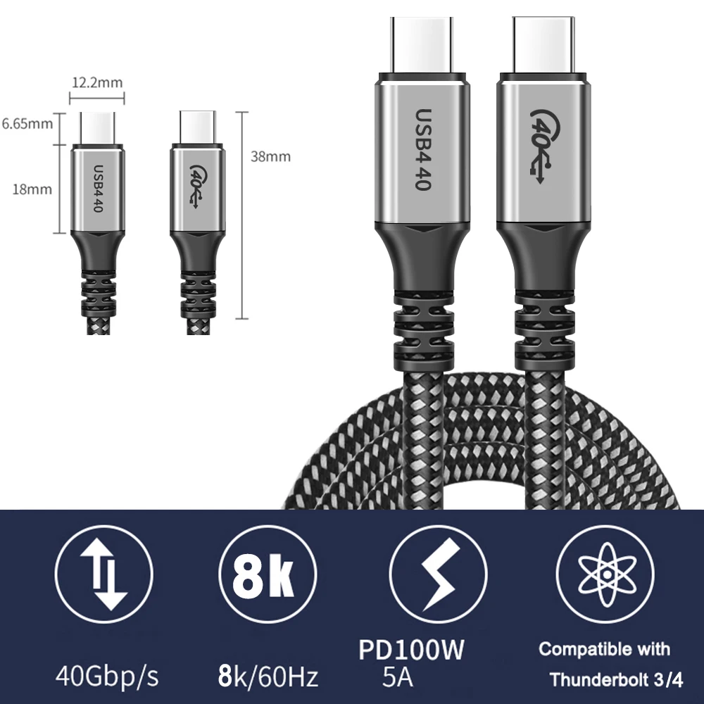 USB 4 케이블 Thunderbolt 4/3 케이블 100W 고속 PD 케이블 E-마크 40Gbps 8K/60Hz Macbook Pro용 USB 유형 C 충전기 데이터 케이블