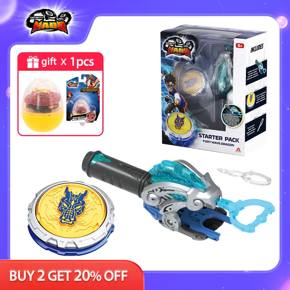 

Infinity Nado 6 Starter Pack-Fury Wave Dragon Metal Ring & Tip Spinning Top Gyro with Monster Icon Cord Launcher Anime Kid Toy