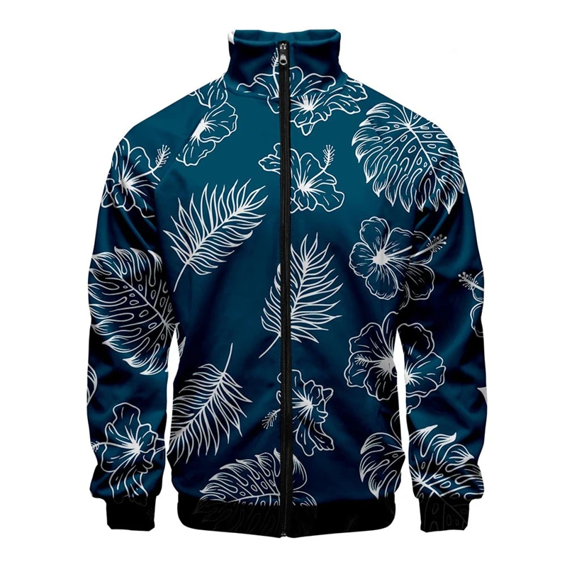 thumbnail image 1 of Chaqueta con cuello alto y cremallera con estampado digital 3D de hojas hawaianas para hombre y mujer, chaquetas de manga larga, ropa de calle de moda para hombre, 1 of 5