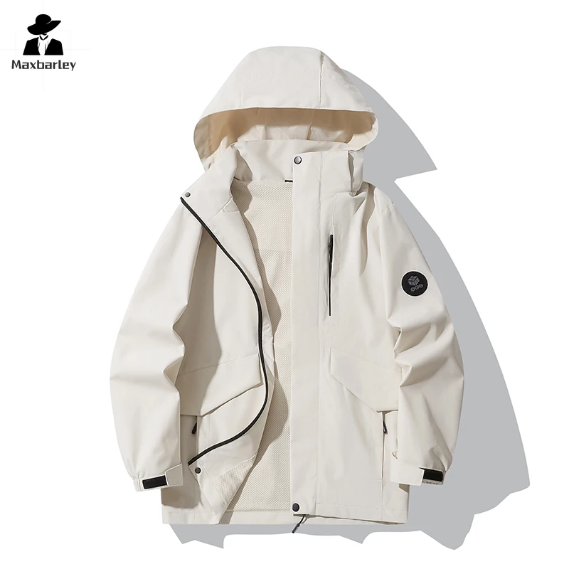 2024 Spring New Jacket Men's Single Layer Sprint Coat Outdoor Leisure Detachable Hat Windbreaker Couple Camping Waterproof Coat
