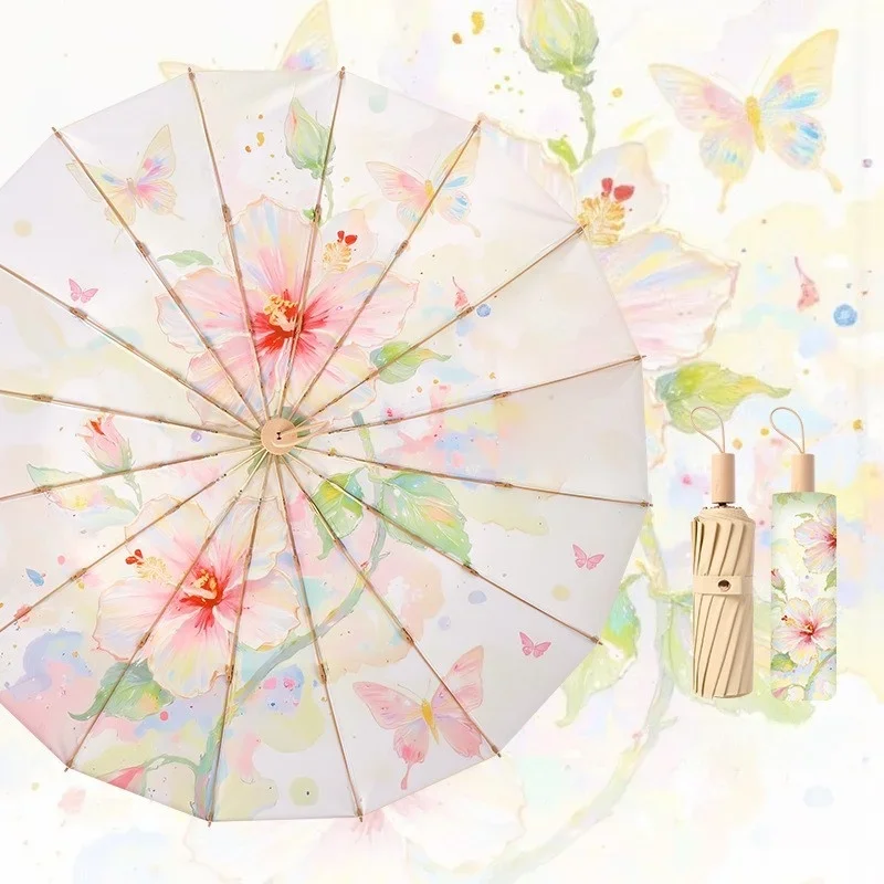 جديد متقدم ضباب وردي 16 لون عظمي غراء مظلة قابلة للطي الشمس المطر الاستخدام المزدوج المرأة المظلة حماية من الشمس وحماية من الأشعة فوق البنفسجية