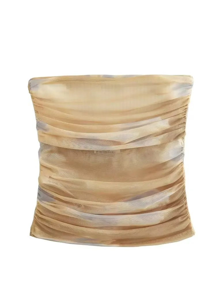 

MESTTRAF Women Fashion Y2K Printed Draped Tulle Crop Bustier Tops Sexy Strapless Straight Neck Female Camis Chic Tops