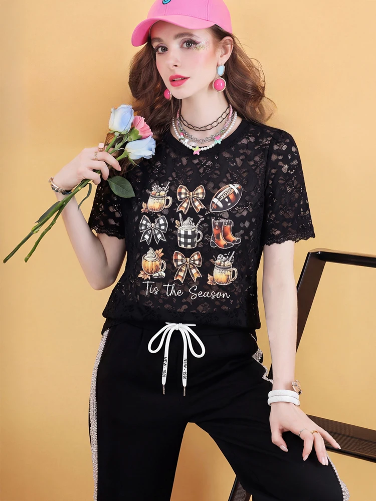 Women Black Lace Graphic Top Vintage Print Blouse Loose Fit Casual Streetwear Tee Shirt Fashion Summer Top 1
