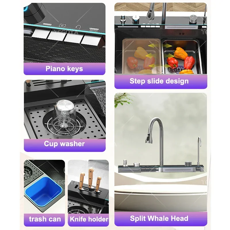 Stainless Steel Sink Waterfall with Trash Can Cup Wash Kitchen Apartment Countertop Wash Basin Large Single Sink