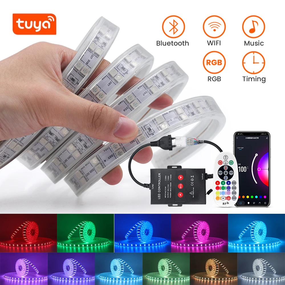 220V RGB 5050 WIFI Smart LED Strip with Music Sync Tuya WiFi Bluetooth APP Control Super Bright 120LEDs/m Flexible LED Tape