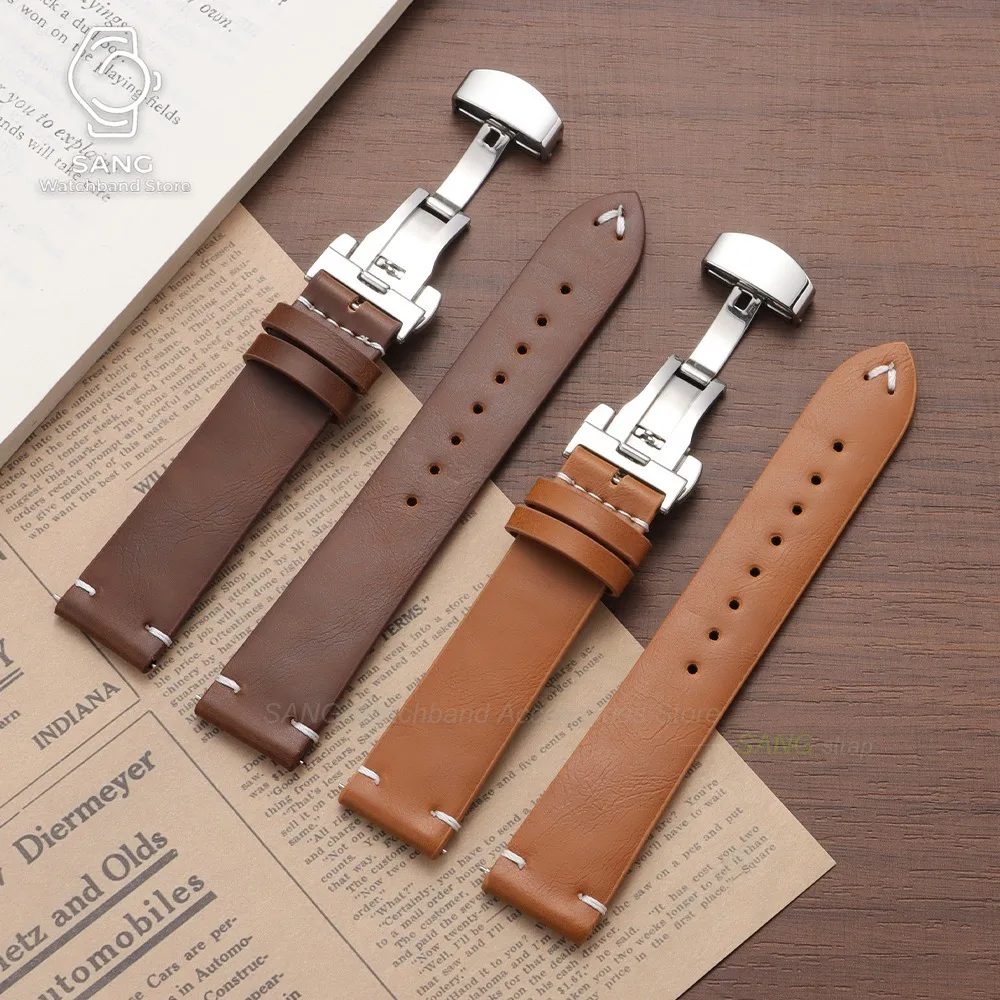 Elegant Black & Brown Leather Watchband with Stainless Steel Butterfly Clasp