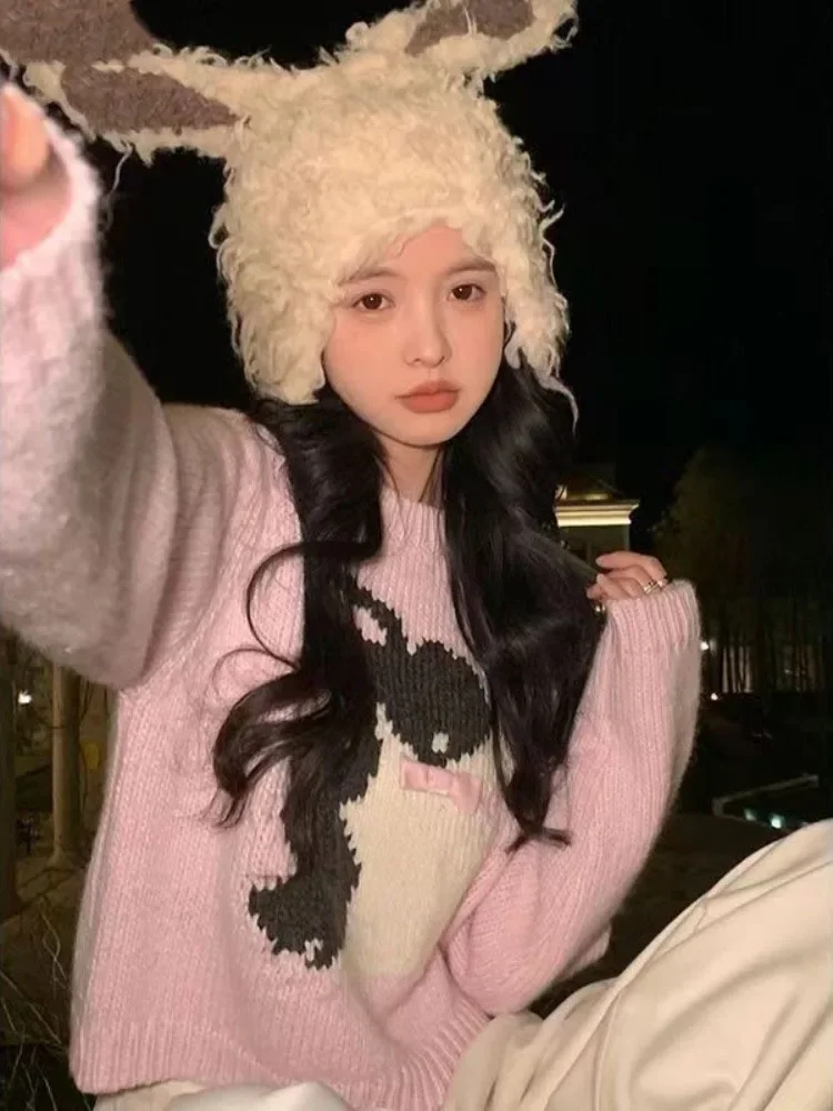 

Y2k Aesthetic Bow Vintage Grunge Cropped Pullovers Kawaii Cute Rabbit Embroidery Jumpers Women Sweet Knitted Oversleeve Sweaters