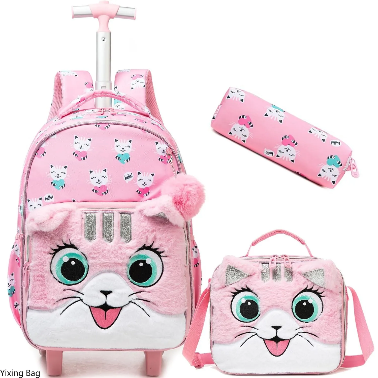 Cute Cat Rolling Backpack for Girls School Backpack with Wheels Wheel Kids Bag Durable Carry-On Luggage for Elementary Student 1