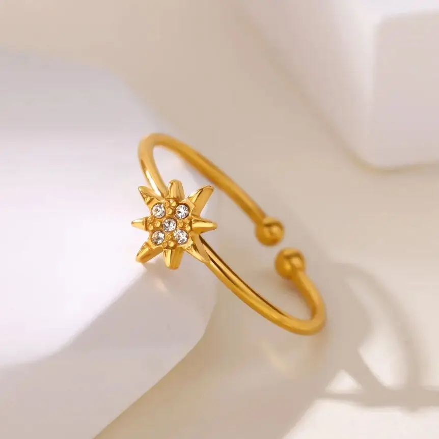 Zircon Sun Rings 18K Gold Plated Stainless Steel Crystal Opening Ring