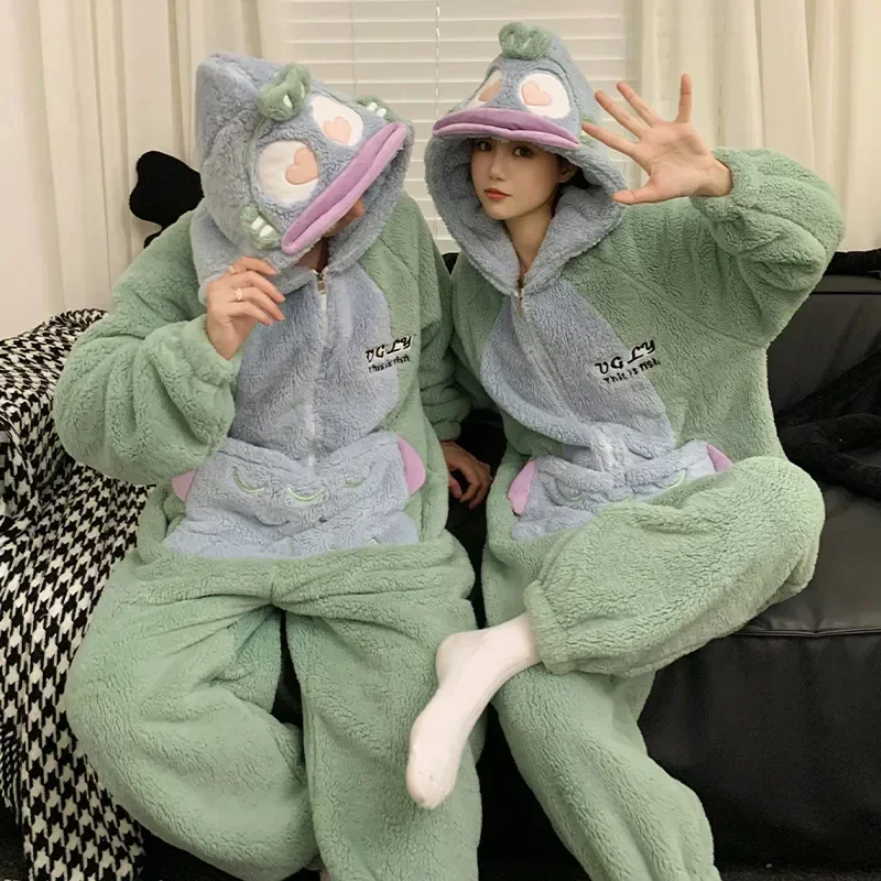 

Fleece Jumpsuits Pijama Coral Cartoon Couple Warm Winter Pajamas Pyjamas Onesie Soft Kigurumis Men Sleepwear Thicken Lover Women