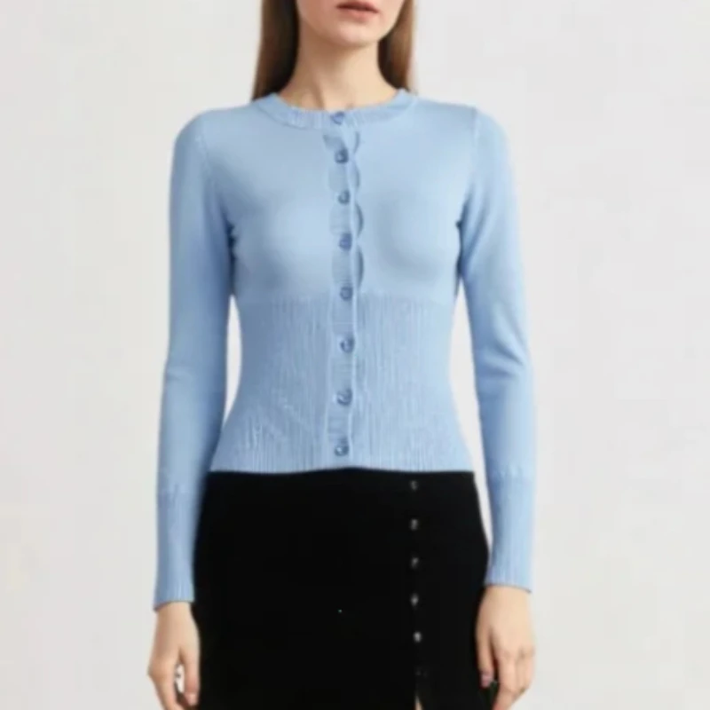 N2025 Long Sleeve Ribbed Patchwork Slim Elegant Loose Casual Knit Cardigan Top for Women Cropped Top Female Knitwear Cardigan