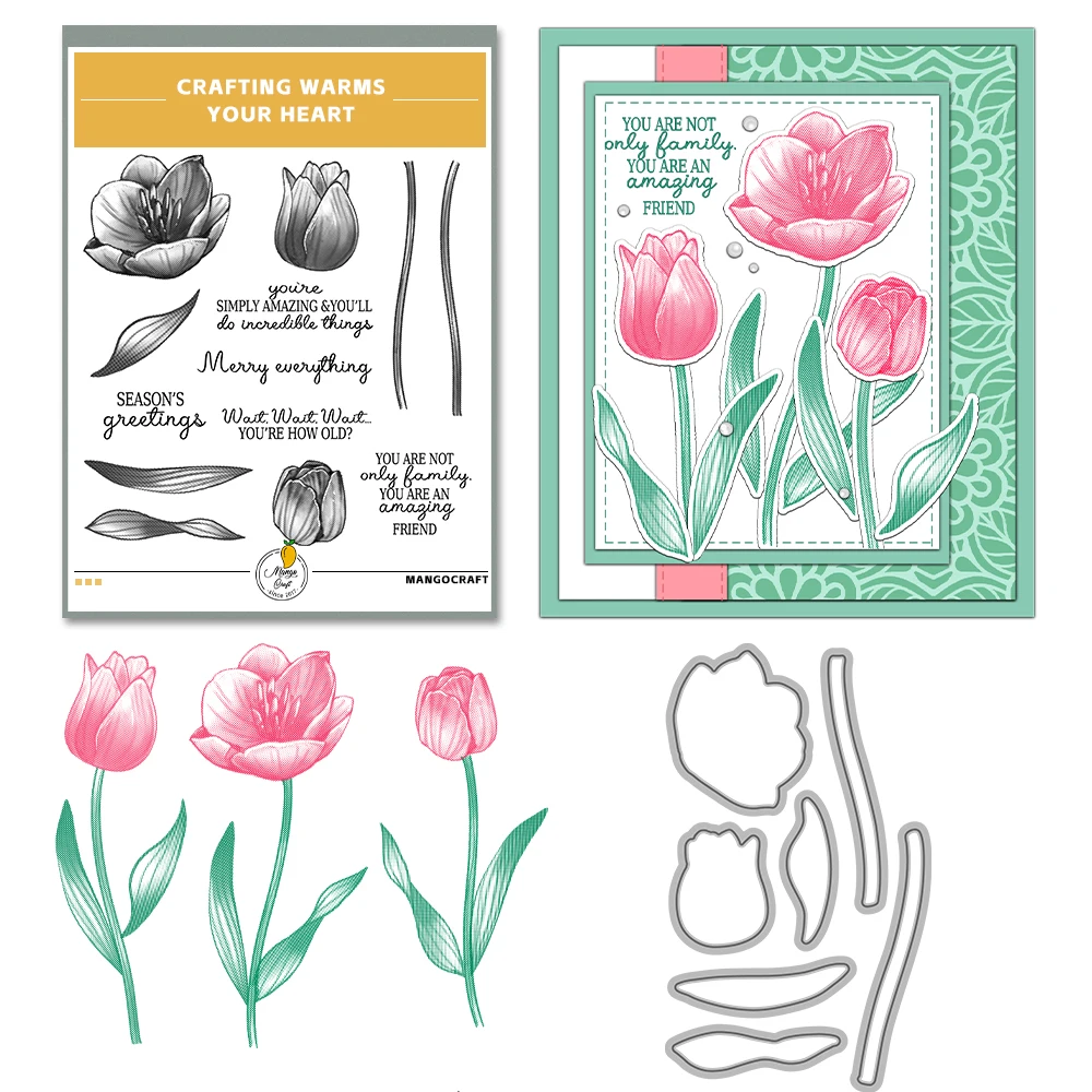 망고크래프트 아름다운 튤립 꽃 절단 투명 스탬프, DIY 스크랩북 용품, 금속 절단 다이, 카드용 실리콘 스탬프