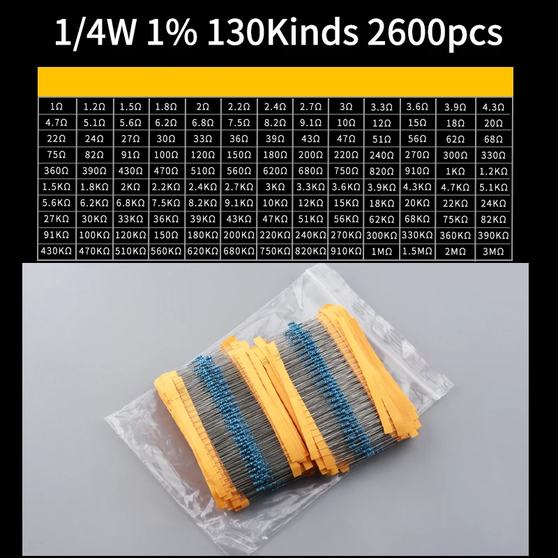 Snvi 2600pcs/set 130 Kinds 1/4W Resistance 1% Metal Film Resistor Pack Assorted Kit 1K 10K 100K 220ohm 1M Resistors 2600pcs/set