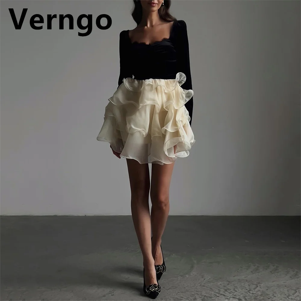 

Verngo Black Velvet Mini Party Dress Sweetheart Full Sleeves Short Prom Gowns For Women A Line Tuered Dress For Formal Occasion