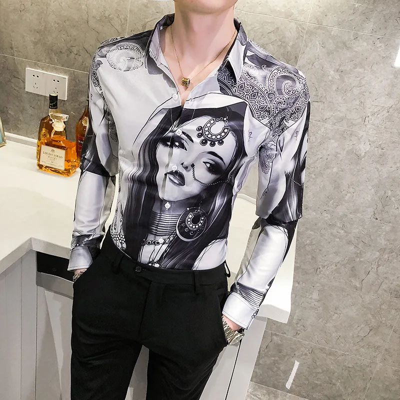 

2023 New Fashion Men Hawaiian Slim Fit Shirts 6XL Mens Casual Vintage Indian Beauty Print Long Sleeve Luxury Shirt Chemise Homme