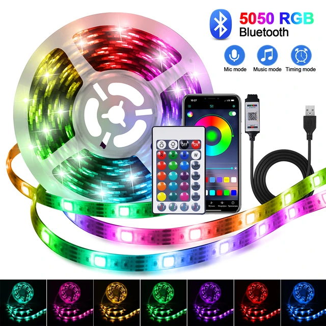 Ruban LED 5m USB chambre bande leds decoration 5050 RGB Lumiere Bluetooth  avec App Contrôle Ruban Auto-adhésif pour Chambre Maison Cuisine