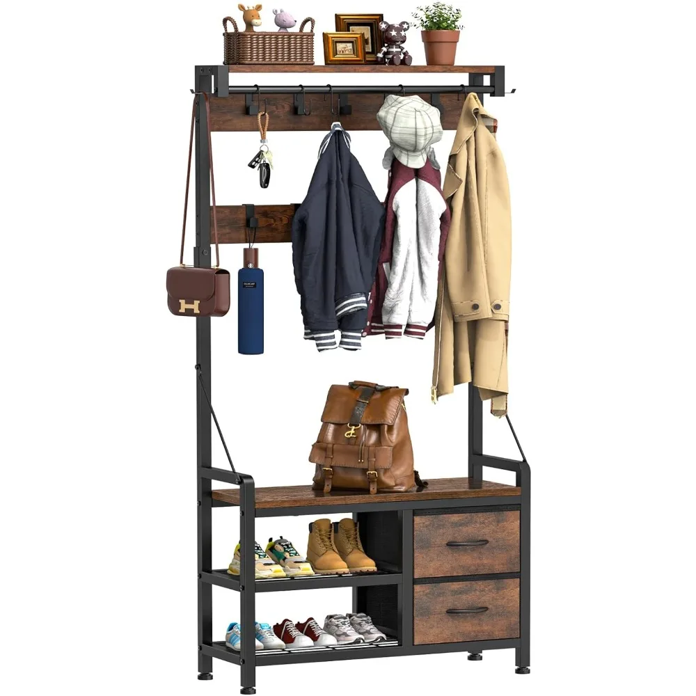 

Lulive Hall Tree, 31” Entryway Bench with Coat Rack freestanding, 5 in 1 Intelligent Design Shoe Bench and Wall Rack 17 Hooks