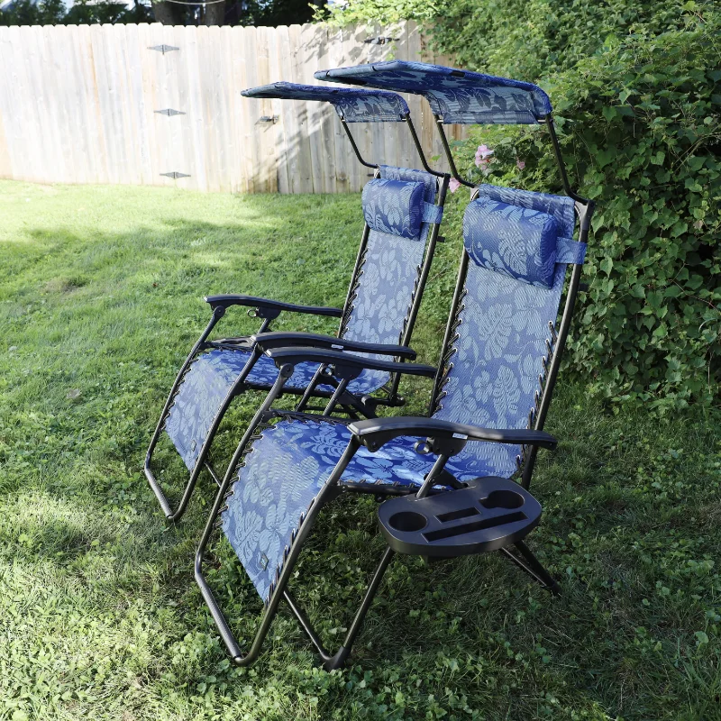 Bliss Hammocks Blue Flower 26" Wide Zero Gravity Chair W/ Adjustable Canopy, Drink Tray & Pillow, 300 Lb Capacity  Beach Chair 6