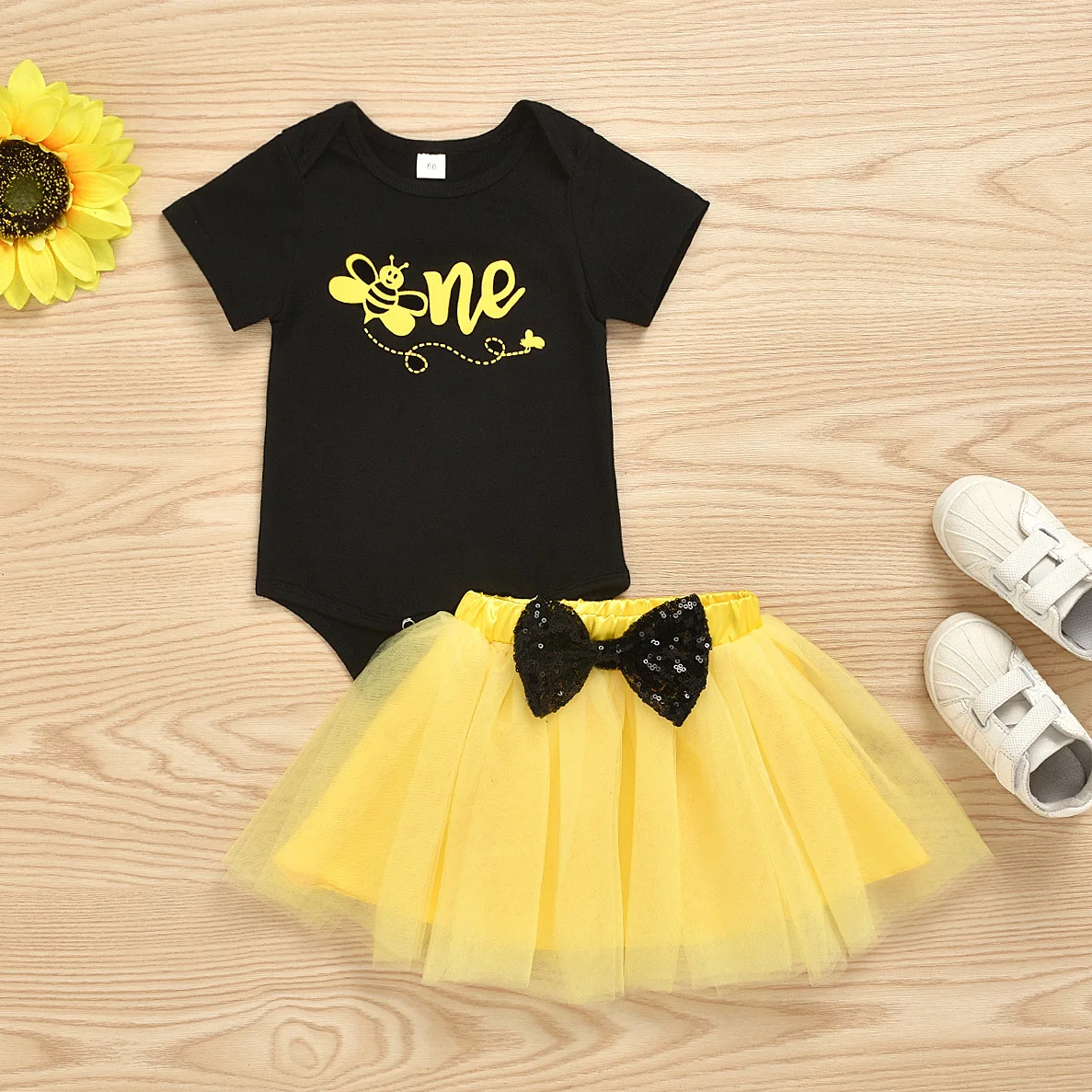 stylish baby clothing set Baby Girls One 1st Birthday Outfit Bee Sunflower Romper Tulle Tutu Skirt Sequin Bow Party Clothes Set Black Long Sleeve Baby Clothing Set near me