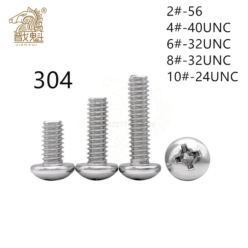 100pcs 2#-56 4#-40 6#-32 8#-32 10#-24UNC Phillips Cross Round Head Machine Screw Metric Pan Head Bolt 304 Stainless Steel