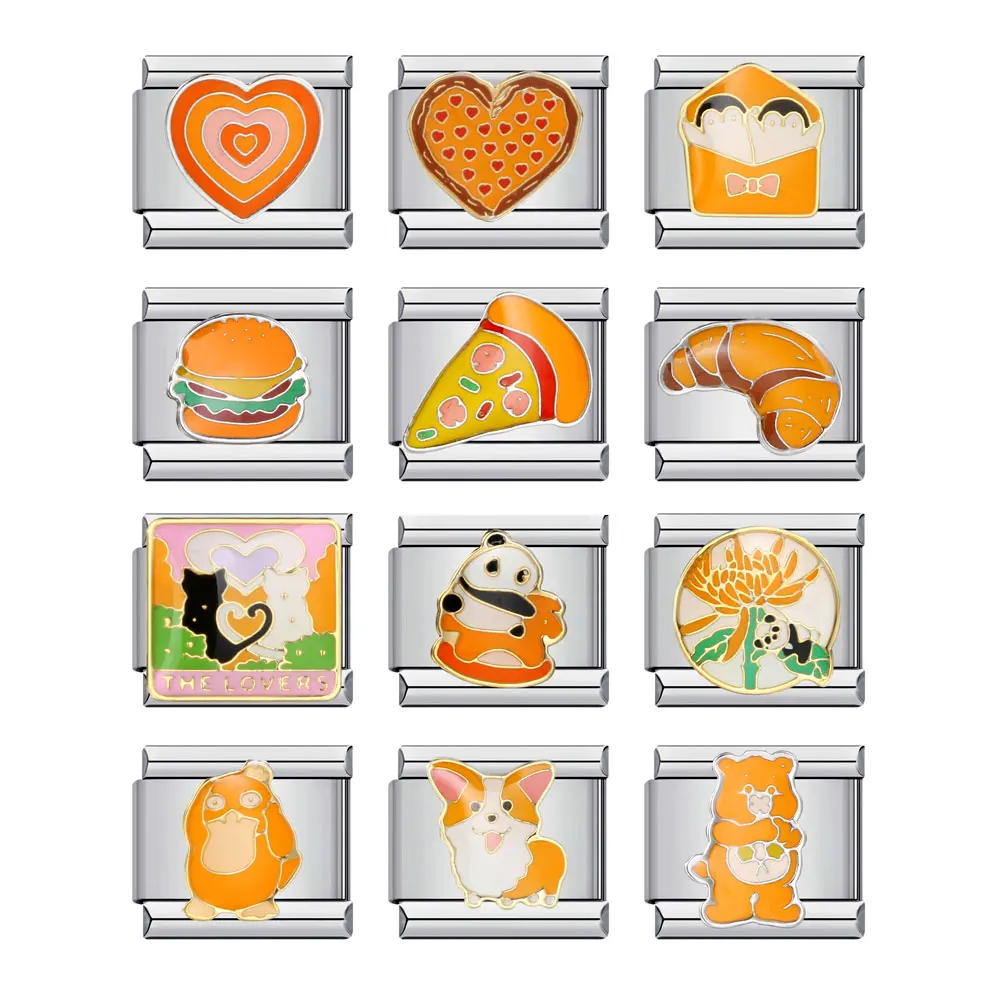 Semkeiyee Orange Farbe Herz Katze Hund Panda Hamburg Italienischer Charm Fit 9mm Italienisches Armband Herstellung DIY Edelstahl Schmuck