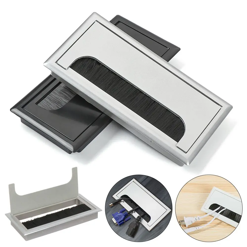 1Pcs Plastic Rectangle Wire Cable Holder Grommet Hole Cover Outlet Port with Black Brush Computer desktop decoration wire box