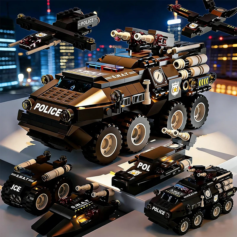 6 in 1 Military Building Blocks Tiger Police Car Armored Vehicle Aircraft Set Boys DIY Construction Toys Christmas Birthday Gift - 3